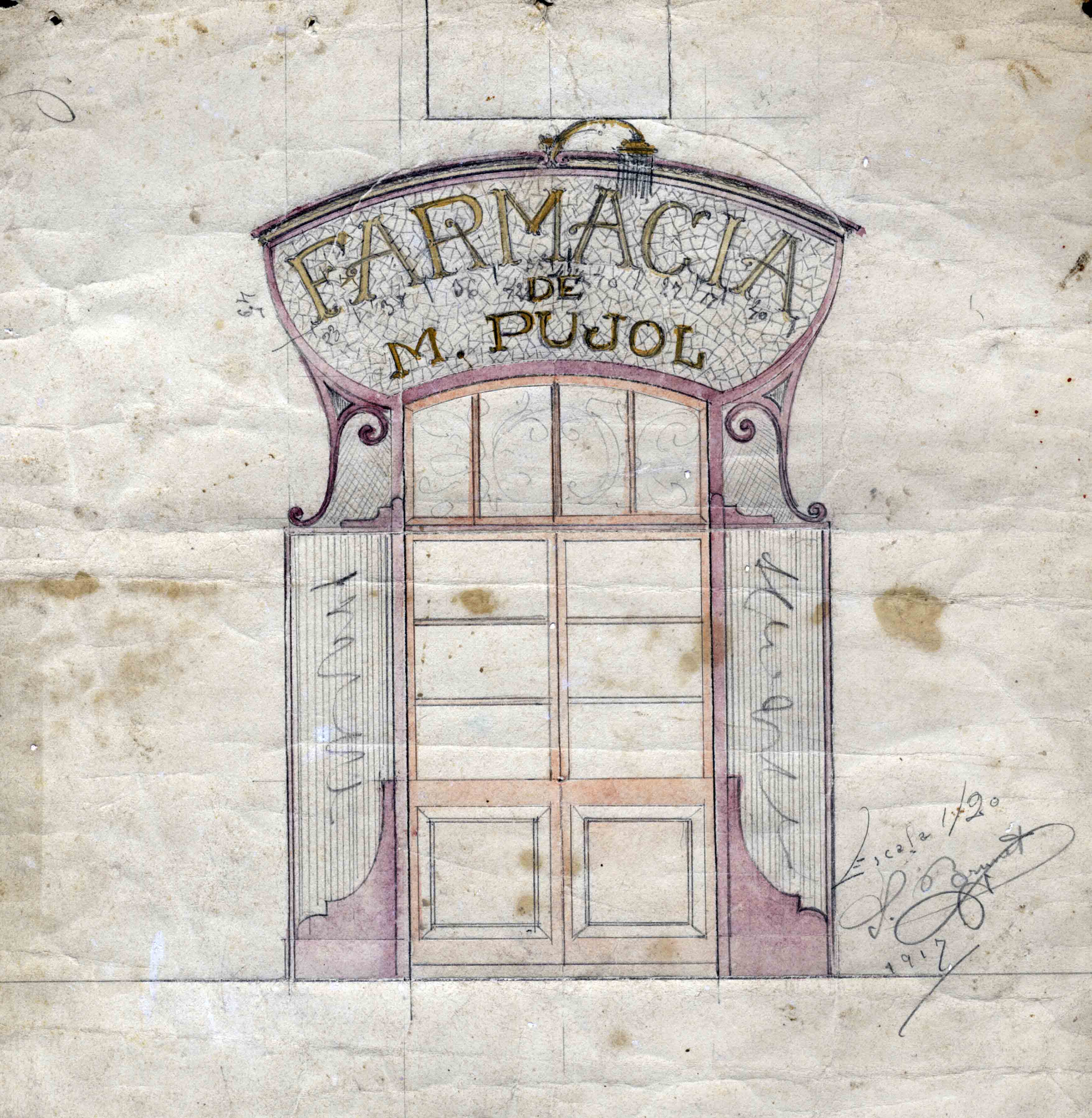 Projecte de la façana de la farmàcia de Martí Pujol, a Tortellà, 1917 (ACGAX. Fons Sadurní Brunet Pi. Codi atribuït 5.4.5A)