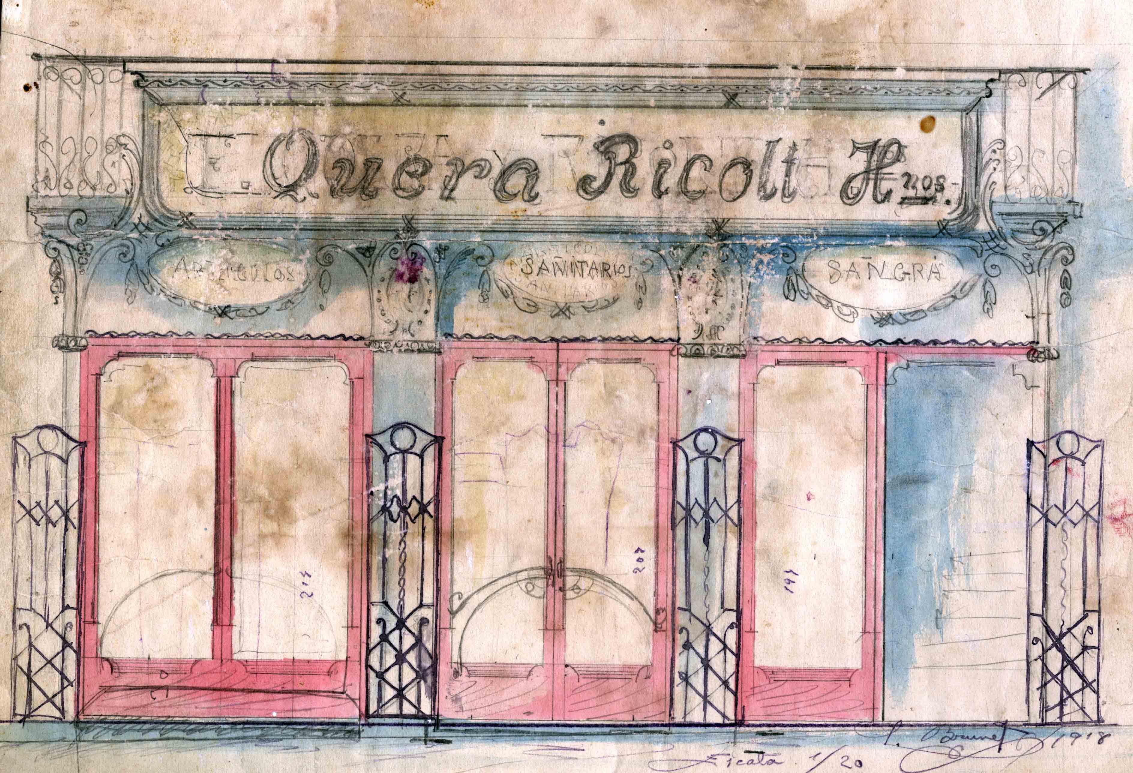 Esbós de la façana de la botiga Quera Ricolt, 1918