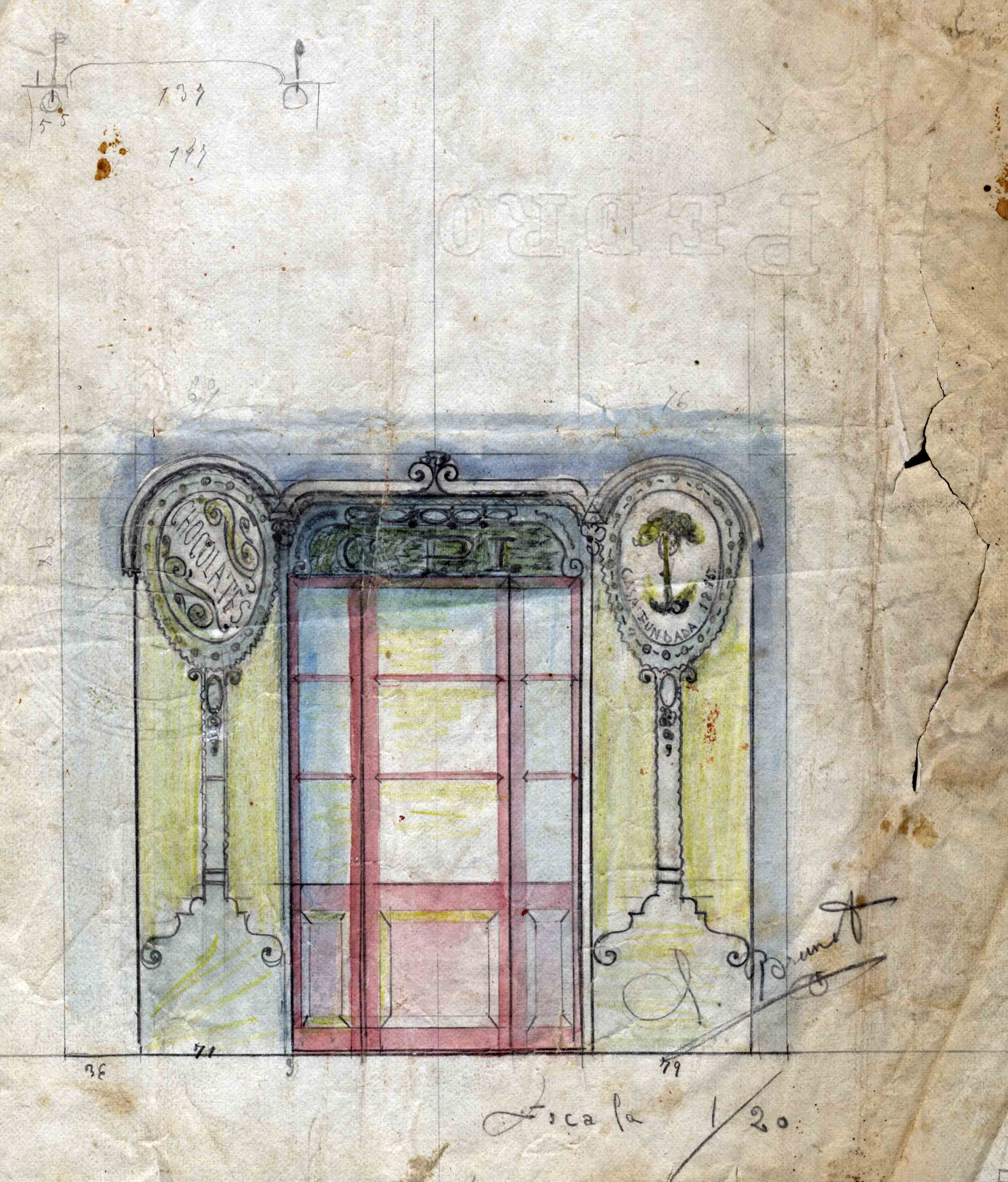 Esbós del projecte de reforma de la xocolateria de Carles Pi, a Tortellà, 1917 (ACGAX. Fons Sadurní Brunet Pi. Codi atribuït 5.4.9)