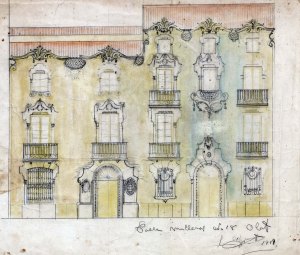 Projecte de reforma de la façana de dos edificis al carrer de Camil Mulleres, a Olot, 1919 (ACGAX. Fons Sadurní Brunet Pi. Codi atribuït 9.2.2)