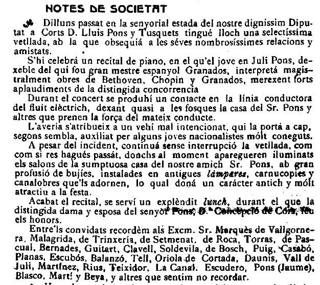 Notícia de societat sobre una festa celebrada a la casa Pons i Tusquets ("La Tradició Catalana", 17.07.1919)