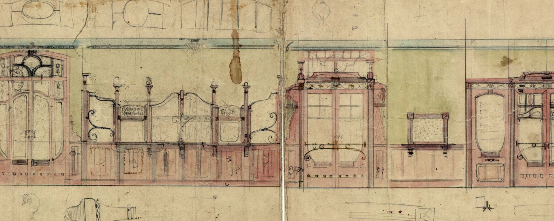Projecte del taulell i les portes de la sucursal de la banca Saderra, Prat y Compañía, 1915 (ACGAX. Fons Sadurní Brunet Pi. Codi atribuït 6.1.5)