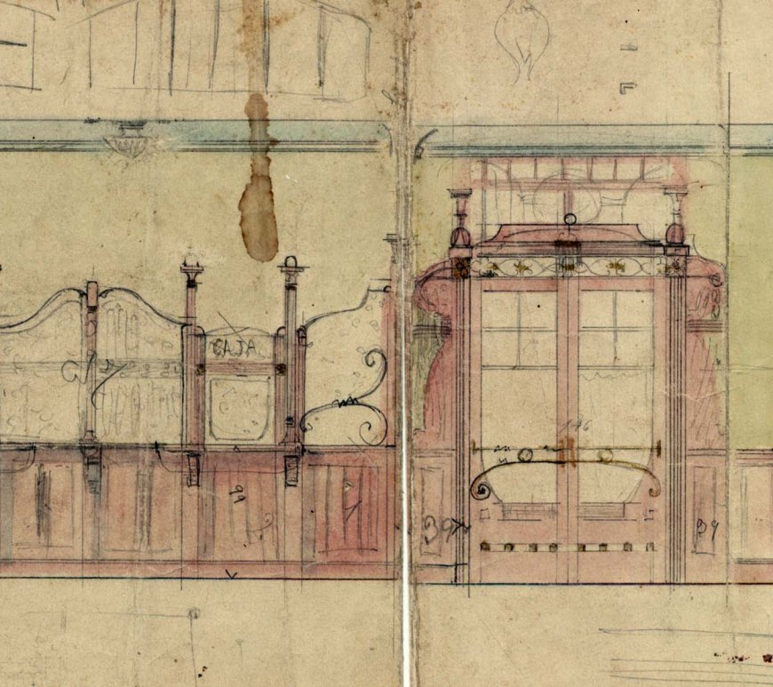 Projecte del taulell i les portes de la sucursal de la banca Saderra, Prat y Compañía, 1915 (ACGAX. Fons Sadurní Brunet Pi. Codi atribuït 6.1.5)