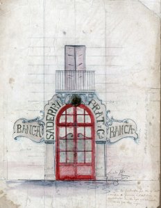 Projecte de la façana de la sucursal de la banca Saderra, Prat y Compañía, a Banyoles, 1916 (ACGAX. Fons Sadurní Brunet Pi. Codi atribuït 6.1.4)