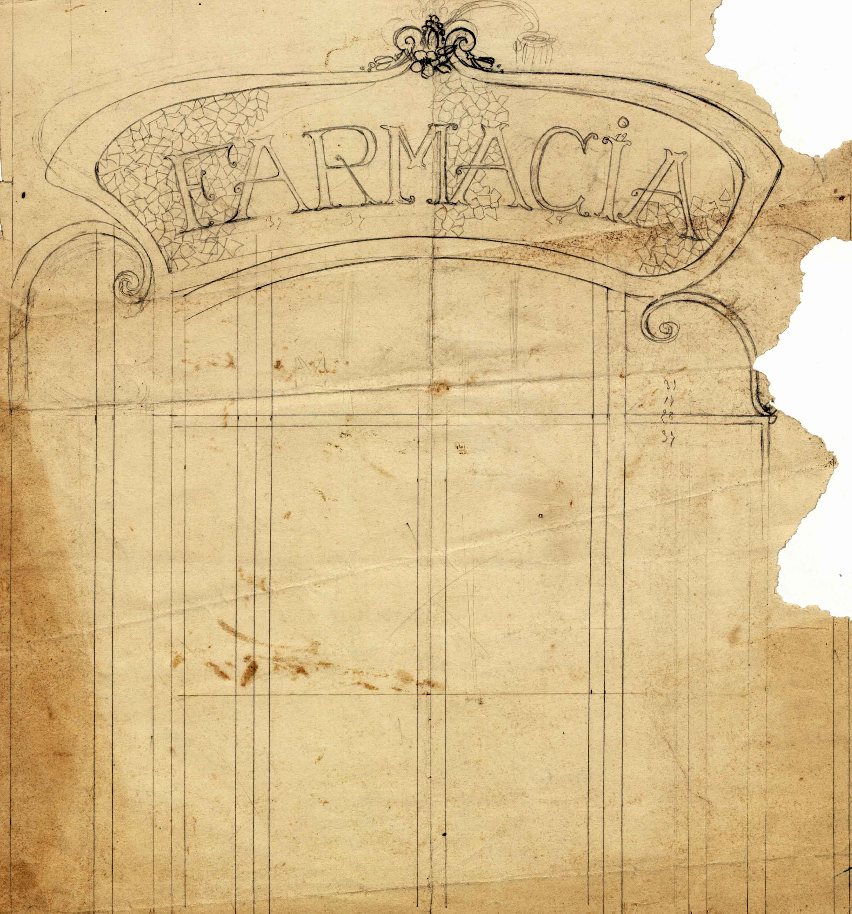 Esbós de la façana de la farmàcia de Martí Pujol, a Tortellà, 1917 (ACGAX. Fons Sadurní Brunet Pi. Codi atribuït 5.4.7A)