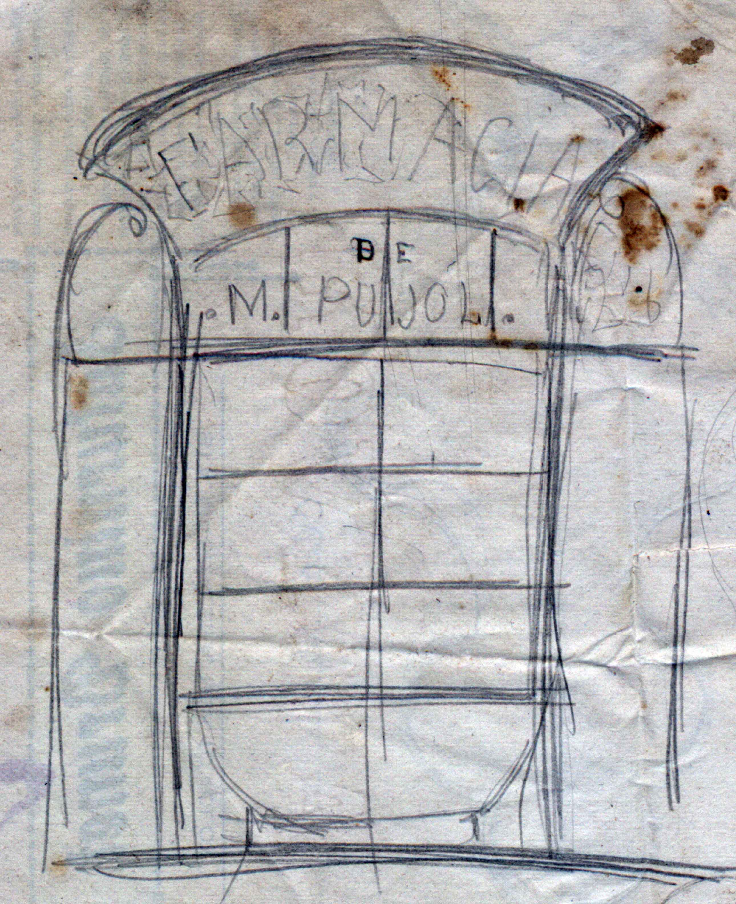 Esbós de la façana de la farmàcia de Martí Pujol, a Tortellà, 1917 (ACGAX. Fons Sadurní Brunet Pi. Codi atribuït 5.4.6)