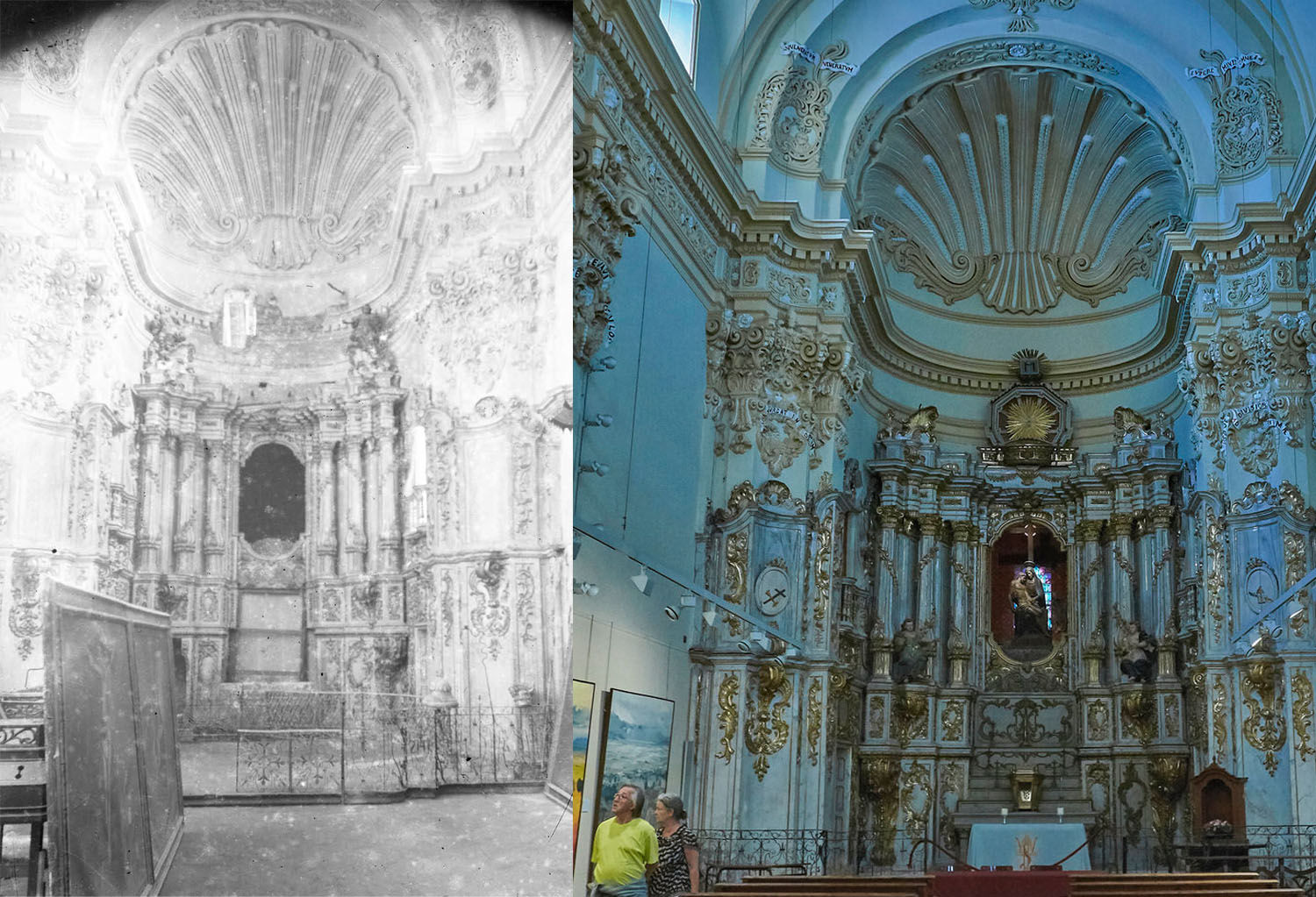 Vista frontal de la capella dels Dolors de la basílica de Santa Maria, a l’esquerra entre els anys 1942 i 1944 (ACGAX. Fons Sadurní Brunet Pi. Autor: Sadurní Brunet), i a la dreta l’any 2016 (Foto: www.revistaotrosdestinos.com)