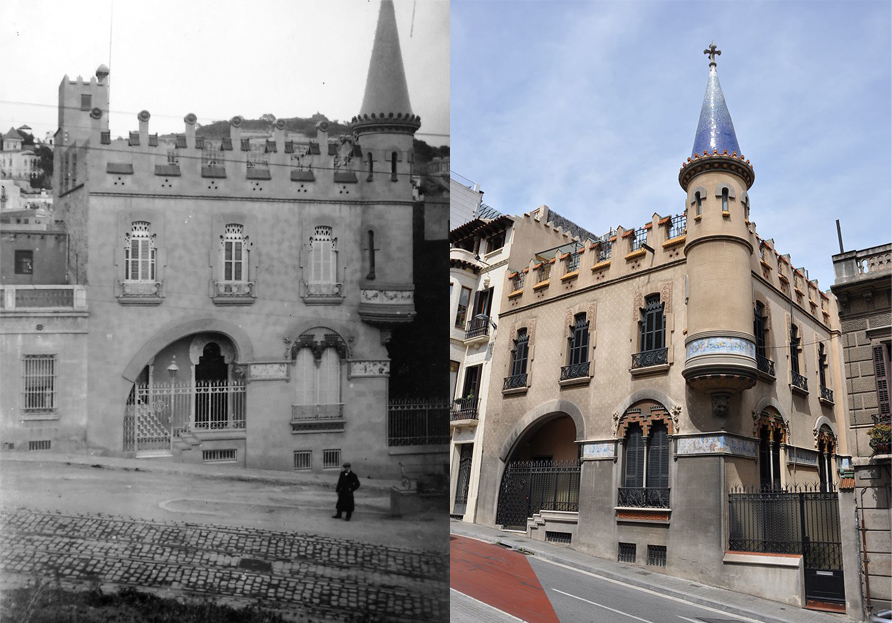 Vista frontal de la casa Comas d’Argemir, a Barcelona, entre 1909 i 1912 (ACGAX. Fons Sadurní Brunet Pi. Autor: Sadurní Brunet) / Vista lateral de la casa Comas d'Argemir, 2017 (Google)