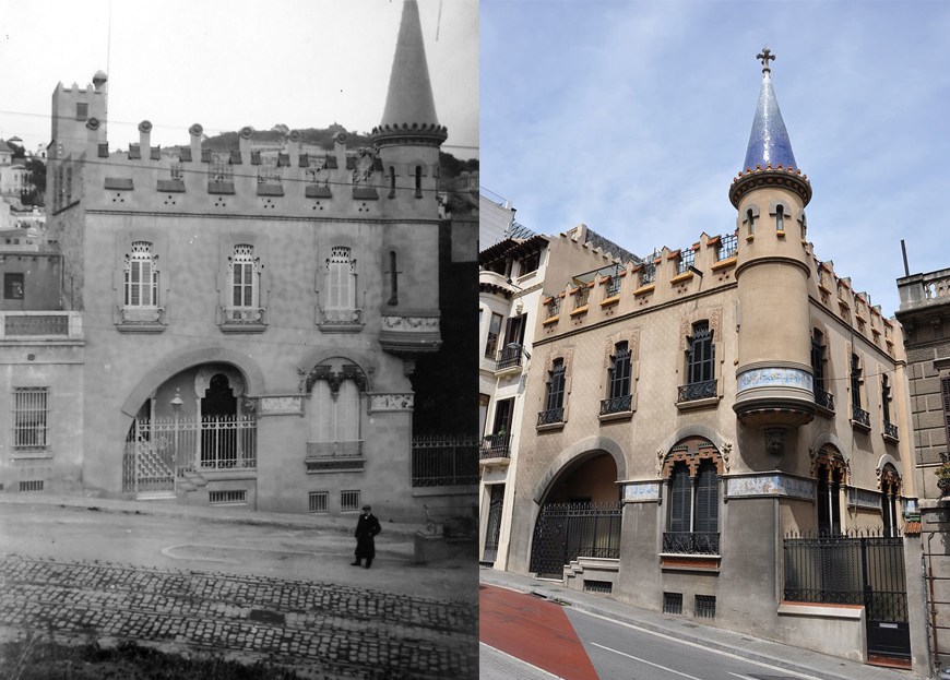 Vista frontal de la casa Comas d’Argemir, a Barcelona, entre 1909 i 1912 (ACGAX. Fons Sadurní Brunet Pi. Autor: Sadurní Brunet) / Vista lateral de la casa Comas d'Argemir, 2017 (Google)